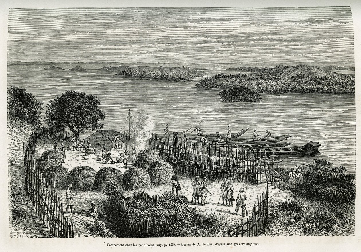 Campamento fortificado de la expedición para protegerse de los caníbales Mouana Ntaba, cerca del río Leopold (Congo), dibujo de A. De Bar, para ilustrar la historia A través del Continente Misterioso, un viaje realizado entre 1874-1877, por Sir H.M. Stanle de Alexandre de (after) Bar