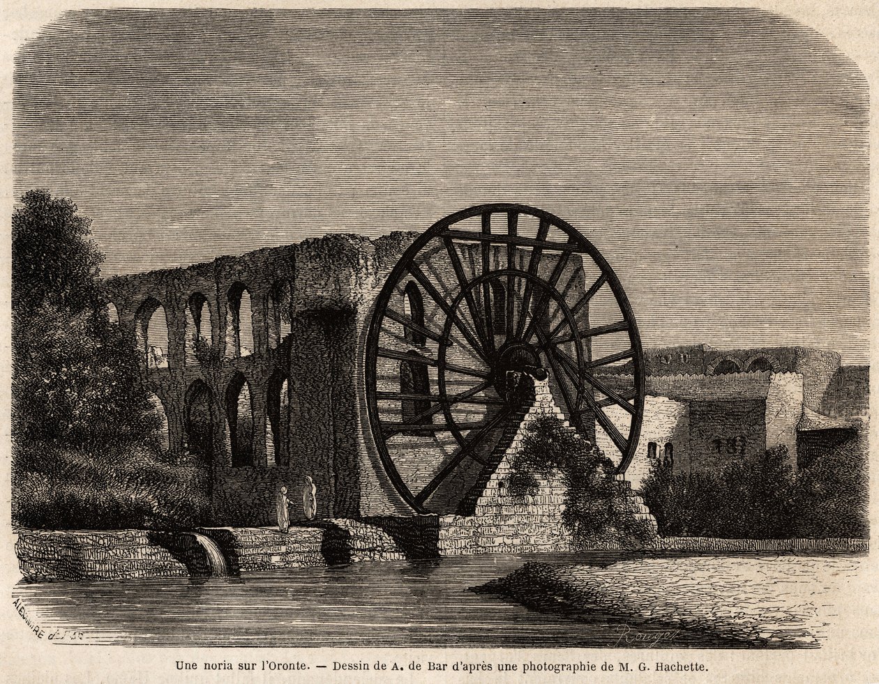 La noria (máquina hidráulica para elevar el nivel del agua utilizando la energía producida por la corriente) en el río Orontes, un río en el Medio Oriente que cruza Siria hasta el mar Mediterráneo, dibujo de A.de Bar, para ilustrar la misión de Ernest Rena de Alexandre de (after) Bar
