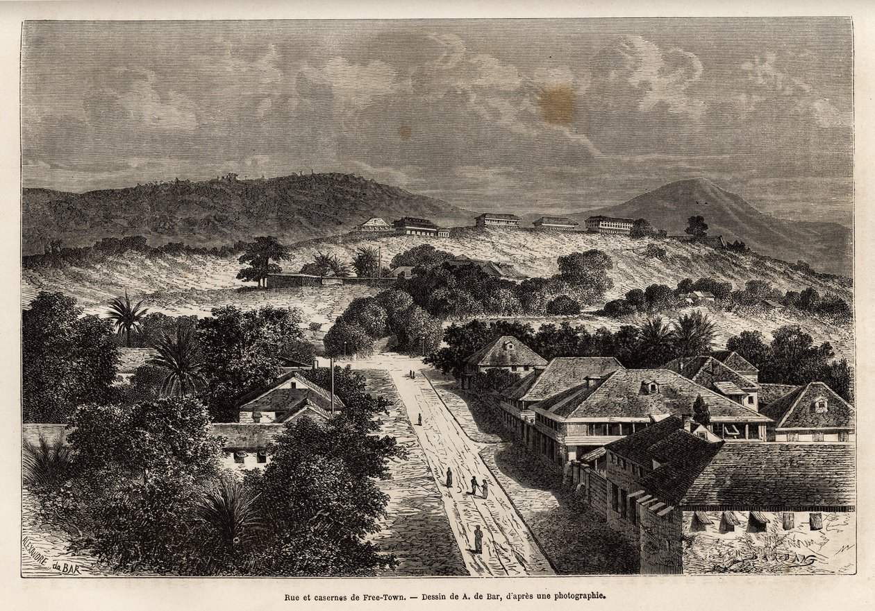 Calle y cuarteles de Freetown, Sierra Leona, grabado después del dibujo de A. de Bar, ilustrando el viaje a la Costa de África, en 1868, por el Vicealmirante Fleuriot de Langles, publicado en Le tour du monde 1873, editado por Edouard Charton, Hachette edi de Alexandre de (after) Bar