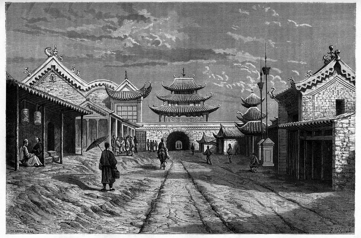 Vista de una calle en Youn Tchen Sian, China. Grabado después de un dibujo de A. de Bar, en Le Tour du Monde, Nouveau journal des Voyages, editado por Edouard Charton, París de Alexandre de (after) Bar