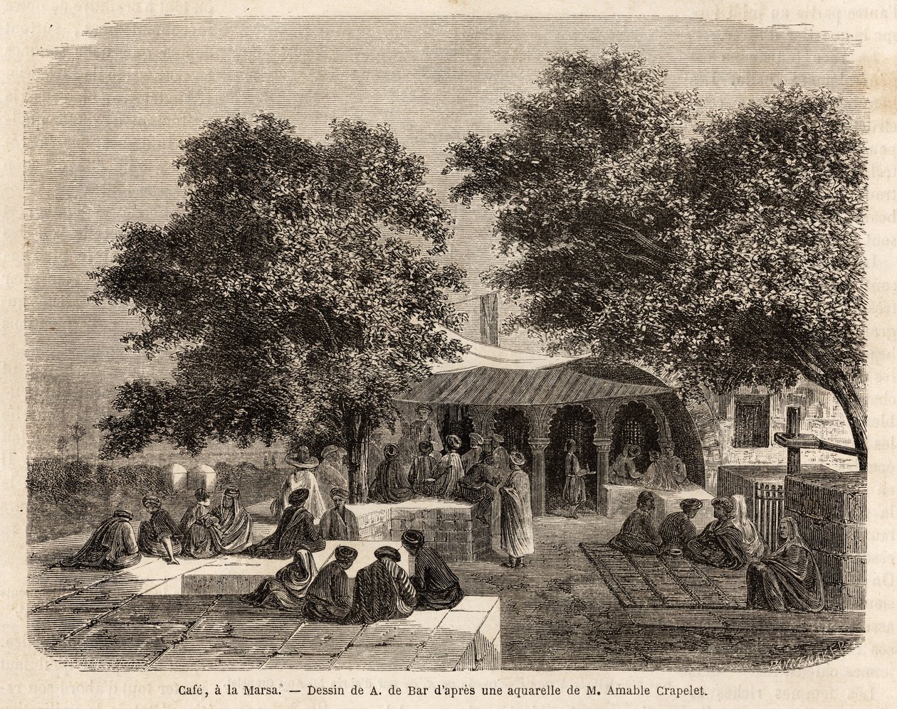 Vista de un café en La Marsa (Túnez), dibujo de A.de Bar, para ilustrar un viaje a Túnez, en 1859, por Amable Crapelet. Grabado en “Le tour du monde”, editado por Edouard Charton de Alexandre de (after) Bar