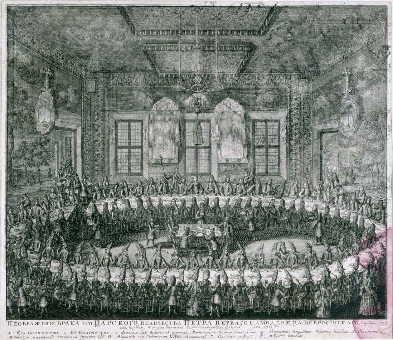 Boda de Pedro I (1672-1725) y Catalina (1684-1727) en el Palacio de Invierno en 1712, 1712 de Alexei Fyodorovich Zubov