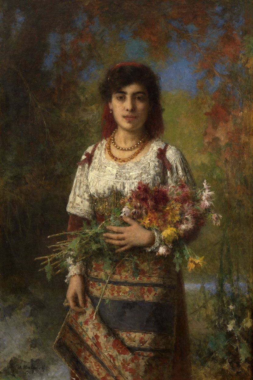 Una joven con flores de Alexei Harlamov