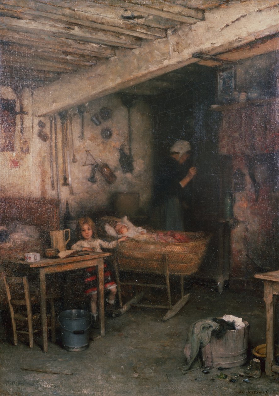 Niños en un interior de cabaña de Alexei Alexevich Harlamoff