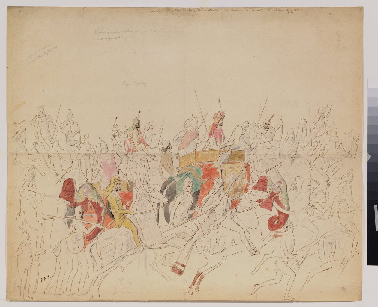 El maharajá Sher Singh (1807-1843) del Punjab (India) y su corte. Obra de Alexei Dmitrievich Saltykov (1806-1859), lápiz acuarela y tinta sobre papel de Alexei Dmitrievich Saltykov