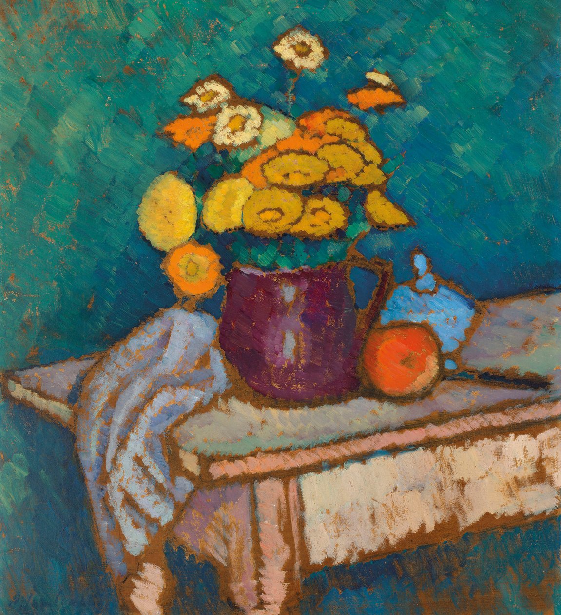 Naturaleza muerta con tela, flores en jarra y manzana, 1909-1910 de Alexei Javlensky von