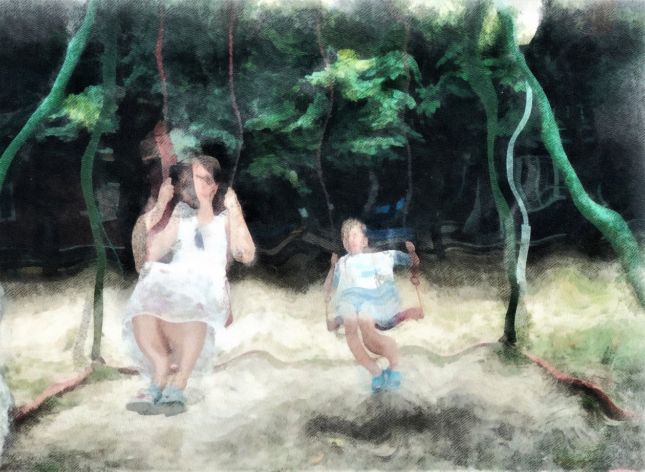 Hermanas en un columpio,2020,(técnica mixta) de Alexei Makhov