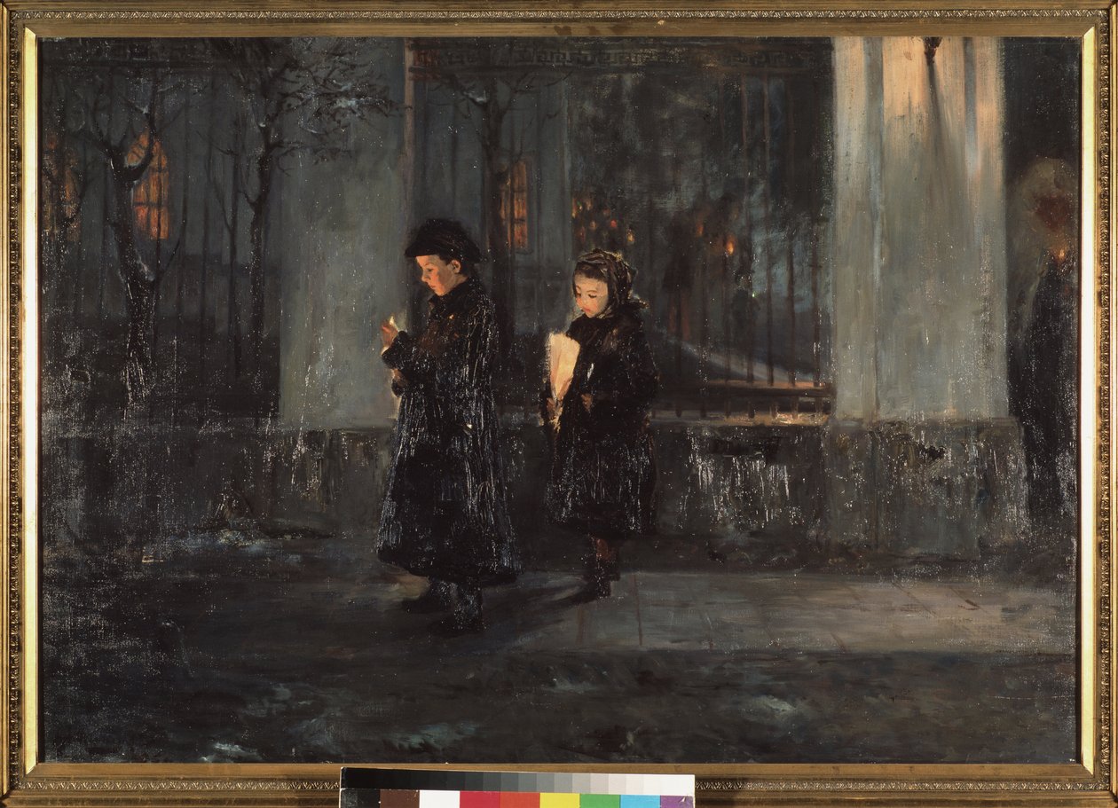 El Jueves Santo. Dos niñas, con velas en la mano, al anochecer, van a la iglesia para la celebración de la Pascua. Pintura de Alexei Nikolaievich Ostrogradsky (1867-1943), óleo sobre lienzo de Alexei Nikolayevich Ostrogradsky
