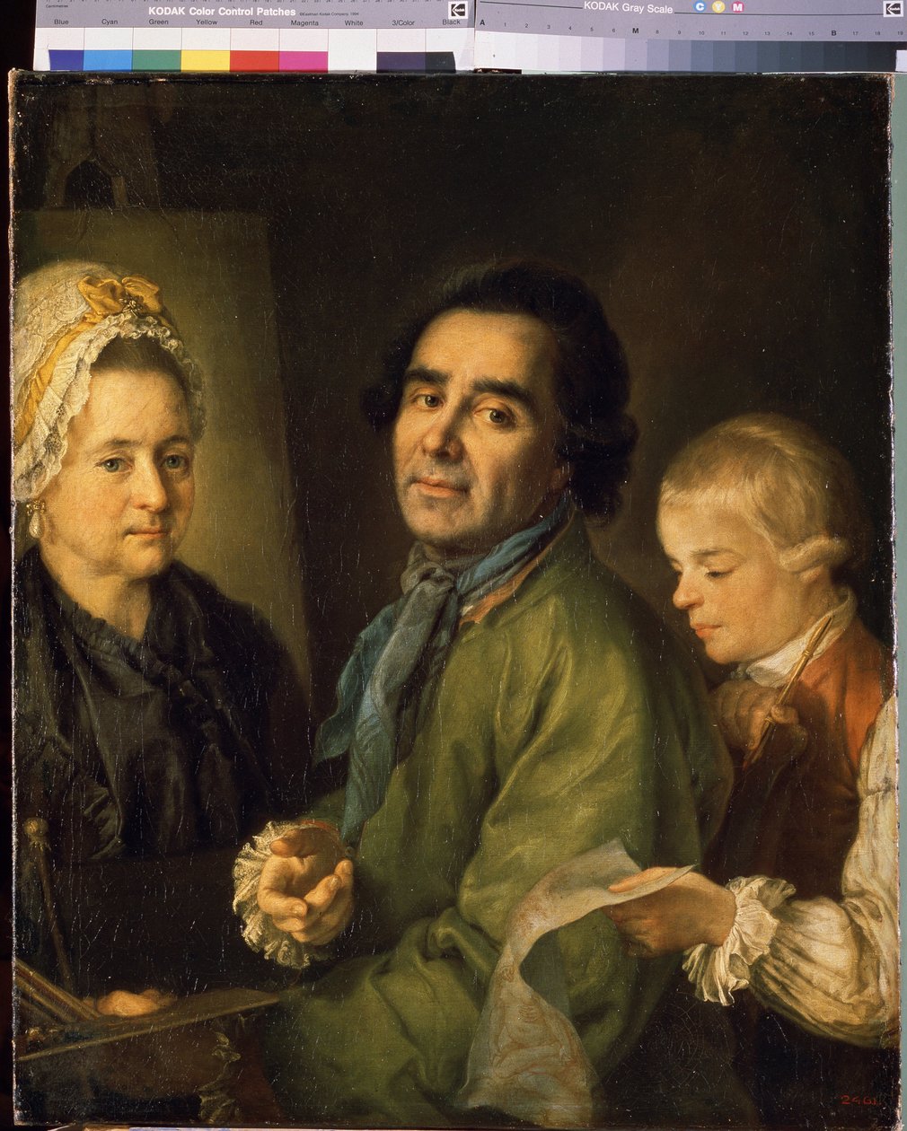 Retrato del artista Alexei P.Antropov (1716-1795) con su hijo (Retrato del artista Alexei P.Antropov con su hijo). Pintura de Petro Semyonovich Drozhdin (1745-1805), óleo sobre lienzo de Alexei Petrovich Antropov