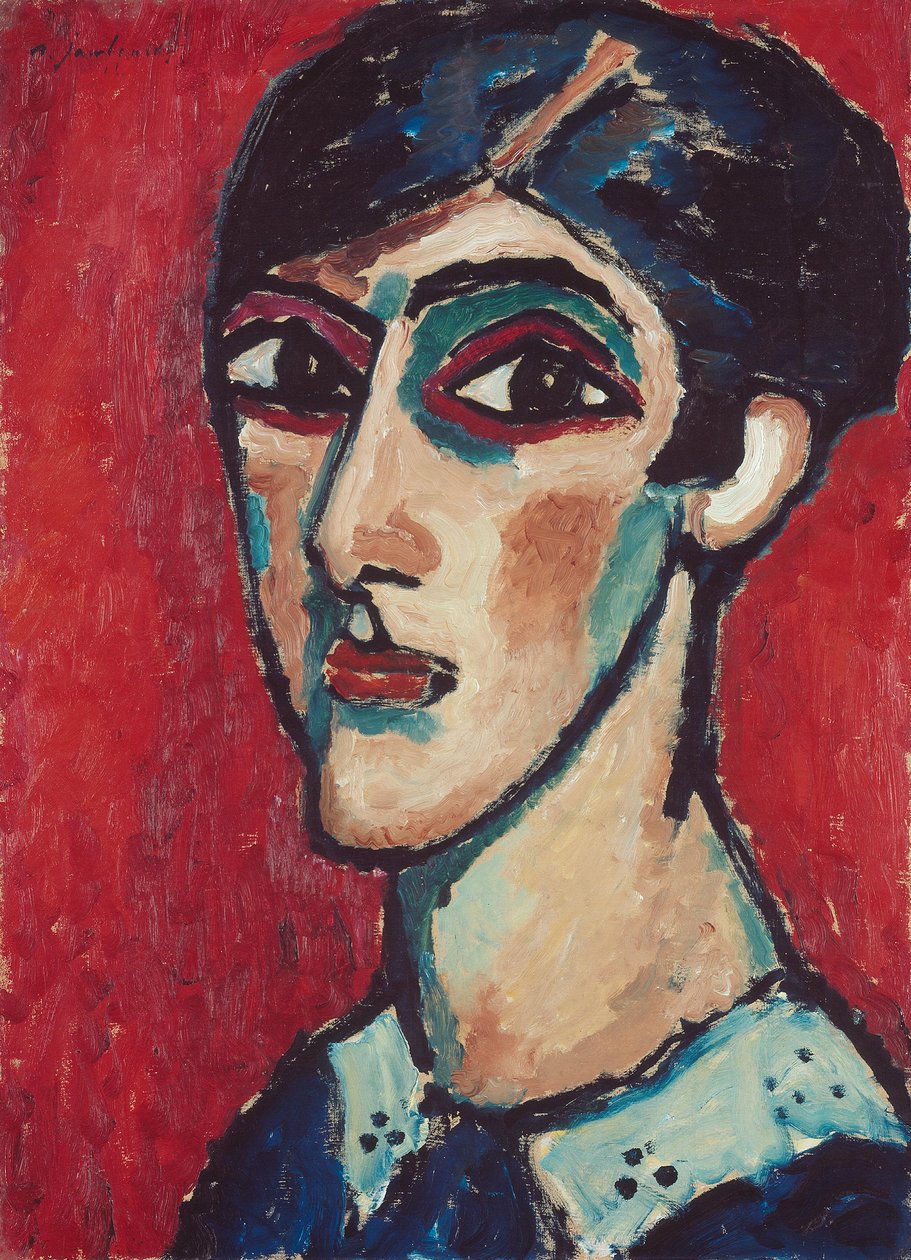 Cabeza alargada en color marrón rojizo (Gran cabeza de mujer sobre fondo rojo) de Alexej von Jawlensky