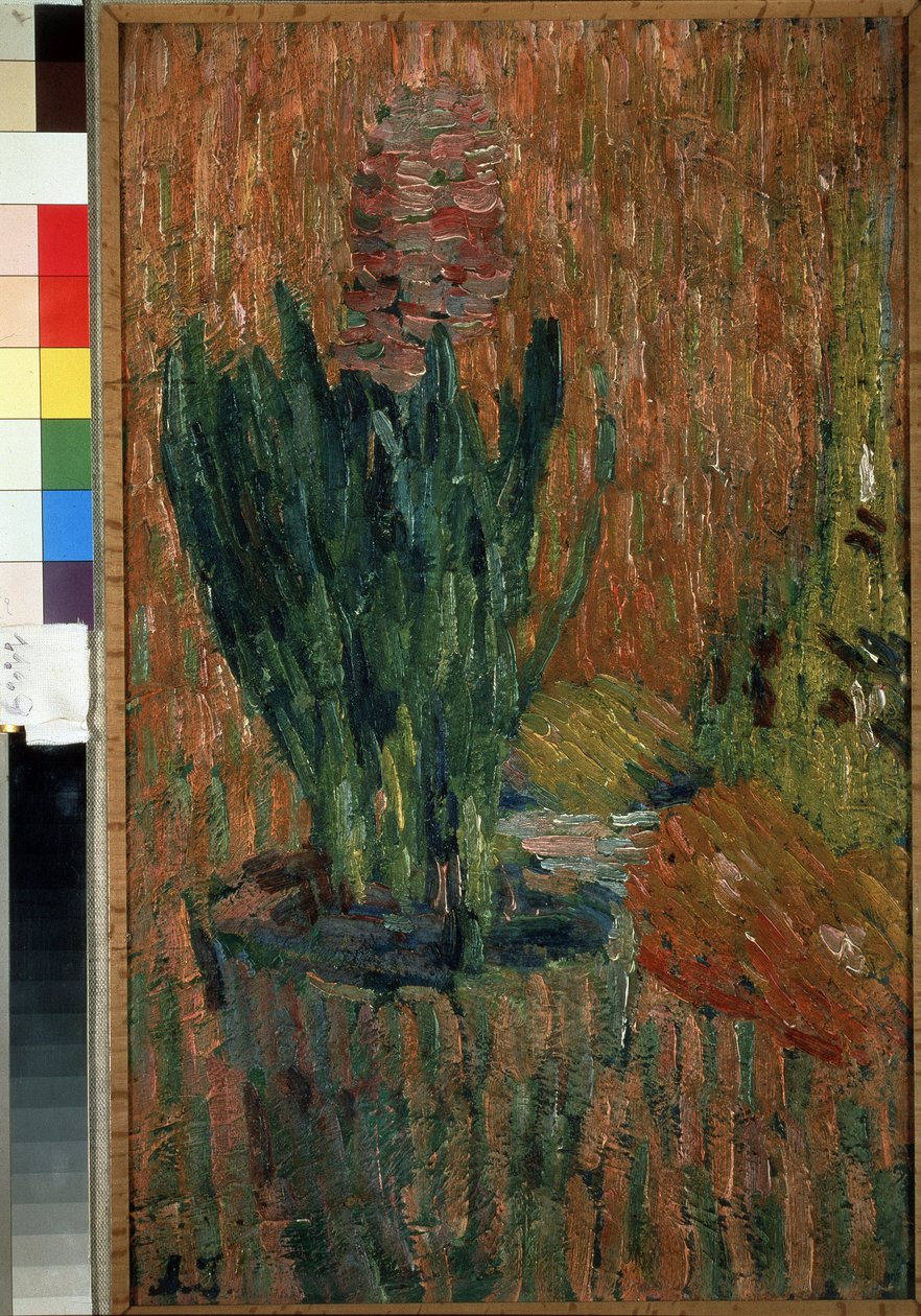 Nature morte (Naturaleza muerta). Flor en maceta en la esquina de una mesa. Obra de Alexei von Javlensky (Alexi von Jawlensky, Alexej von Javlenski) (1864-1941), óleo sobre cartón de Alexej von Jawlensky