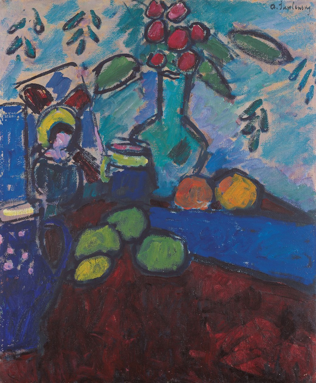 Bodegón con pintura sobre vidrio al revés, jarrón verde y fruta de Alexej von Jawlensky