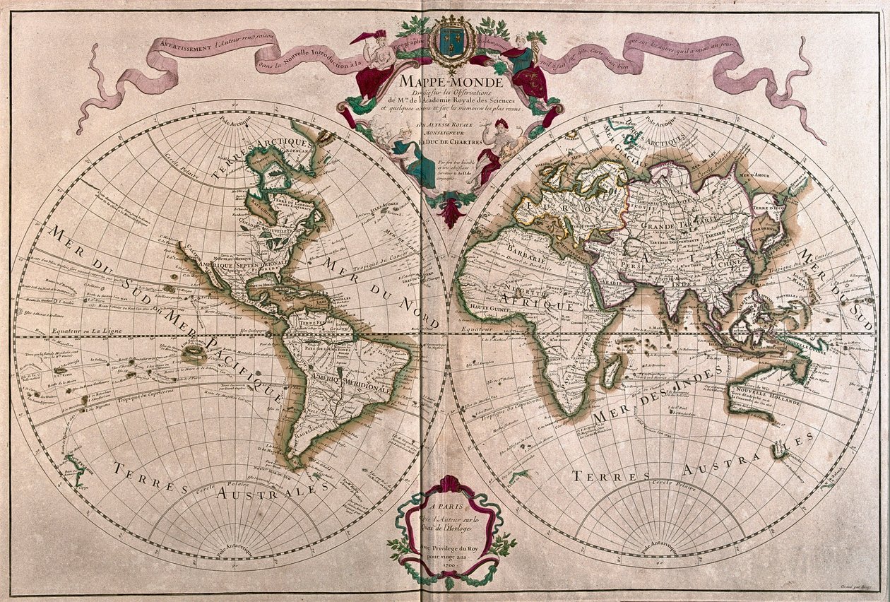 El mundo, por A.H. Jaillot en "Atlas Français" - París de Alexis Hubert Jaillot