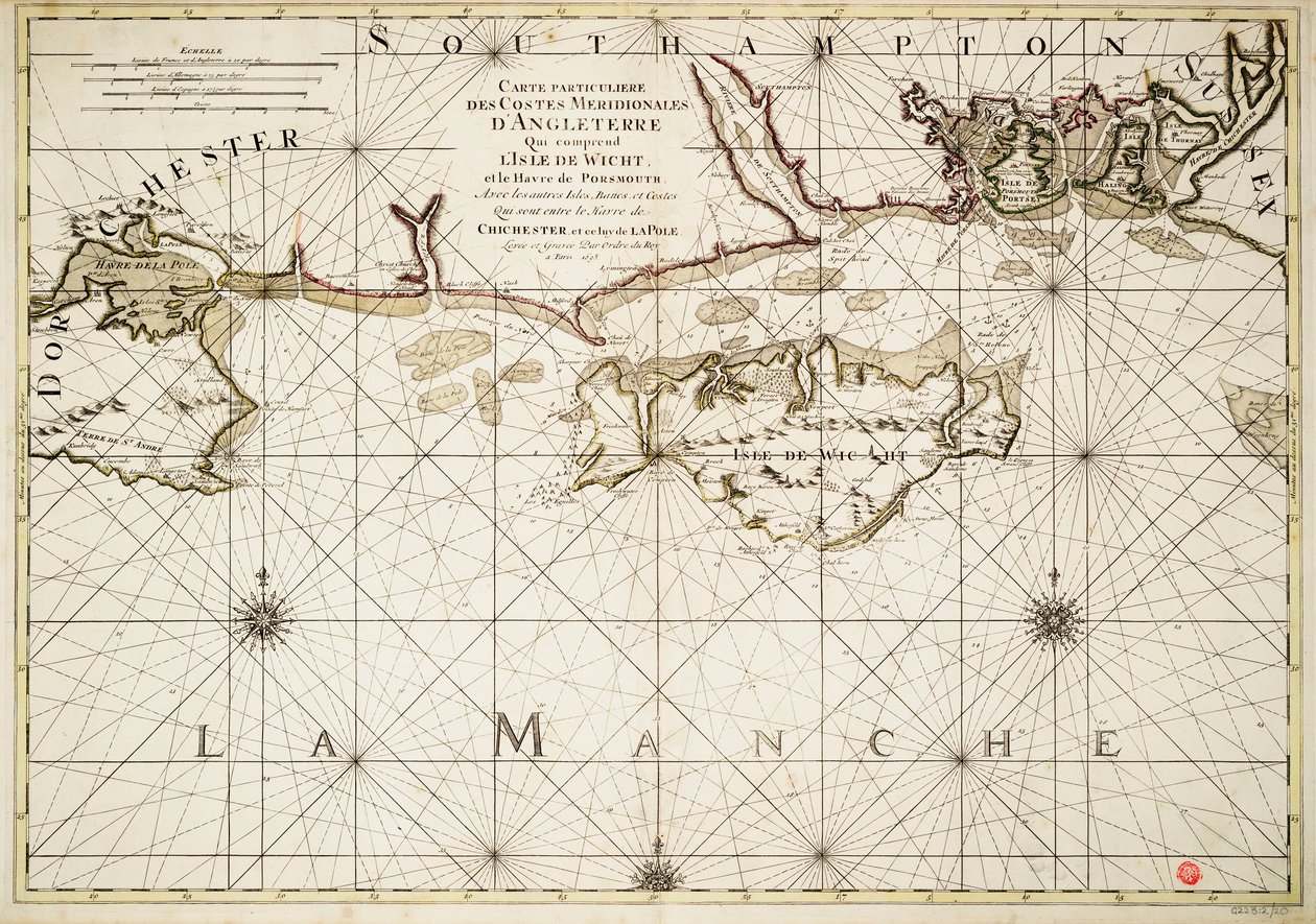 Carta de la costa inglesa, Isla de Wight y puerto de Portsmouth de Alexis Hubert Jaillot