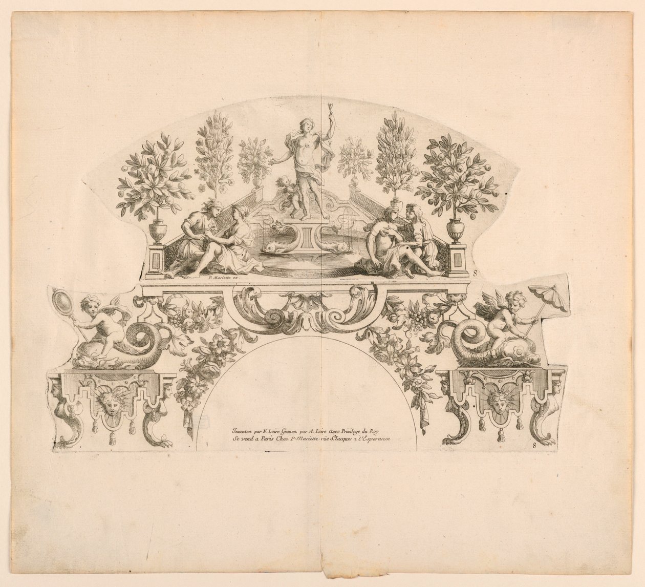 Hojas de abanico, octava y novena placas del conjunto, "Divers Desseins de grands Eventails, Encrans, et autres Ornamens, inventados y grabados por Nicolas Loire" de Alexis Loir