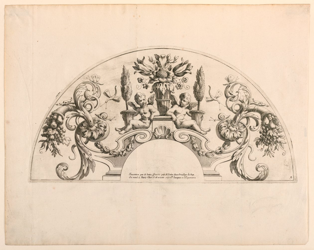 Hojas de abanico, quinta y sexta placas del conjunto, "Divers Desseins de grands Eventails, Encrans, et autres Ornamens, inventados y grabados por Nicolas Loire" de Alexis Loir