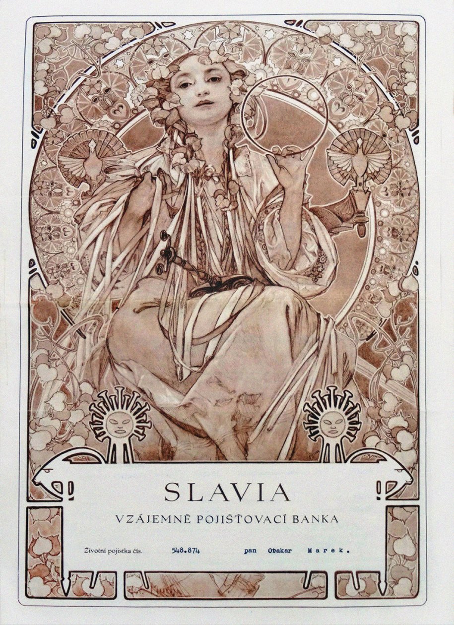 Póliza de seguro de la Compañía de Seguros Slavia de Alfons Marie Mucha