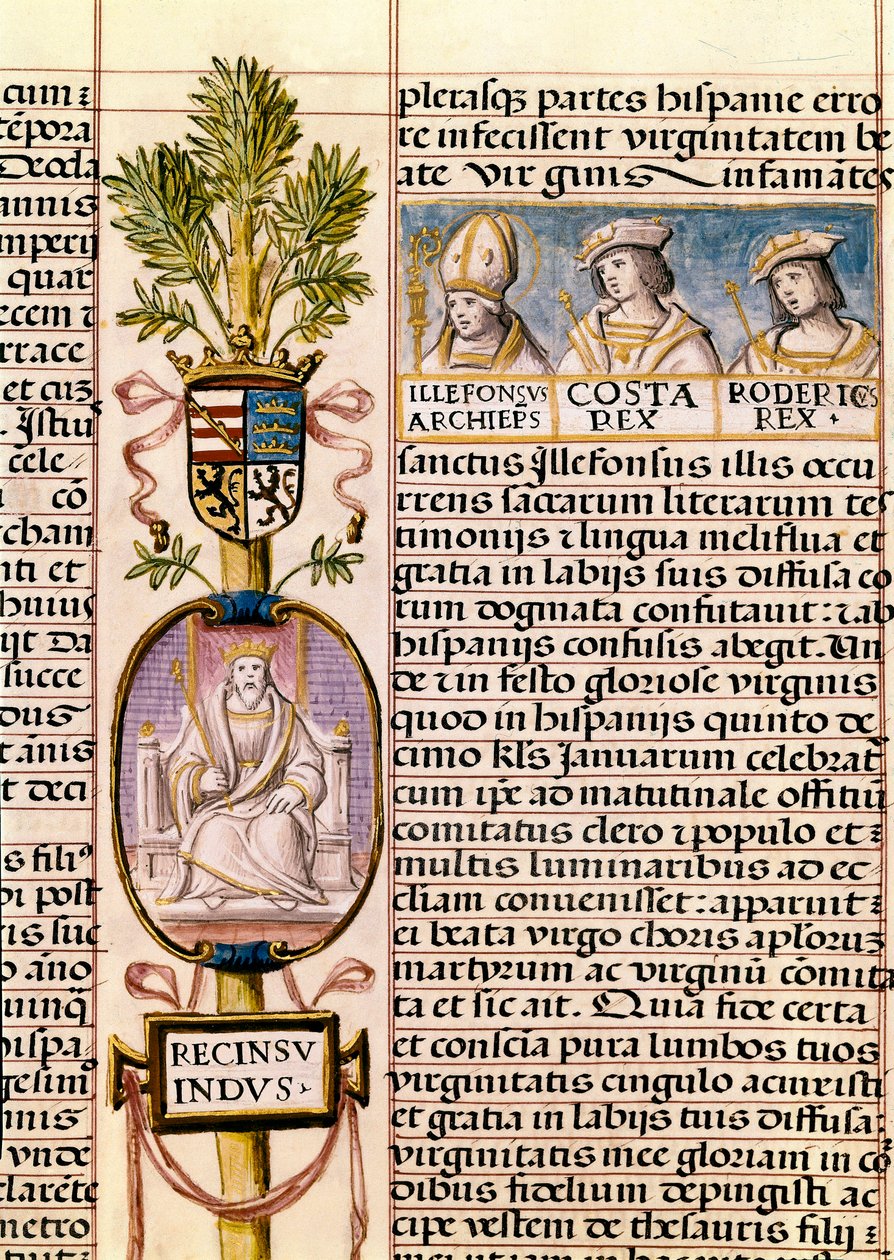 Retrato de Flavius Recceswinth, rey de los visigodos de España desde 653 hasta su muerte en 672, miniatura en "Genealogía de los reyes de España" de Alfonso de Cartagena