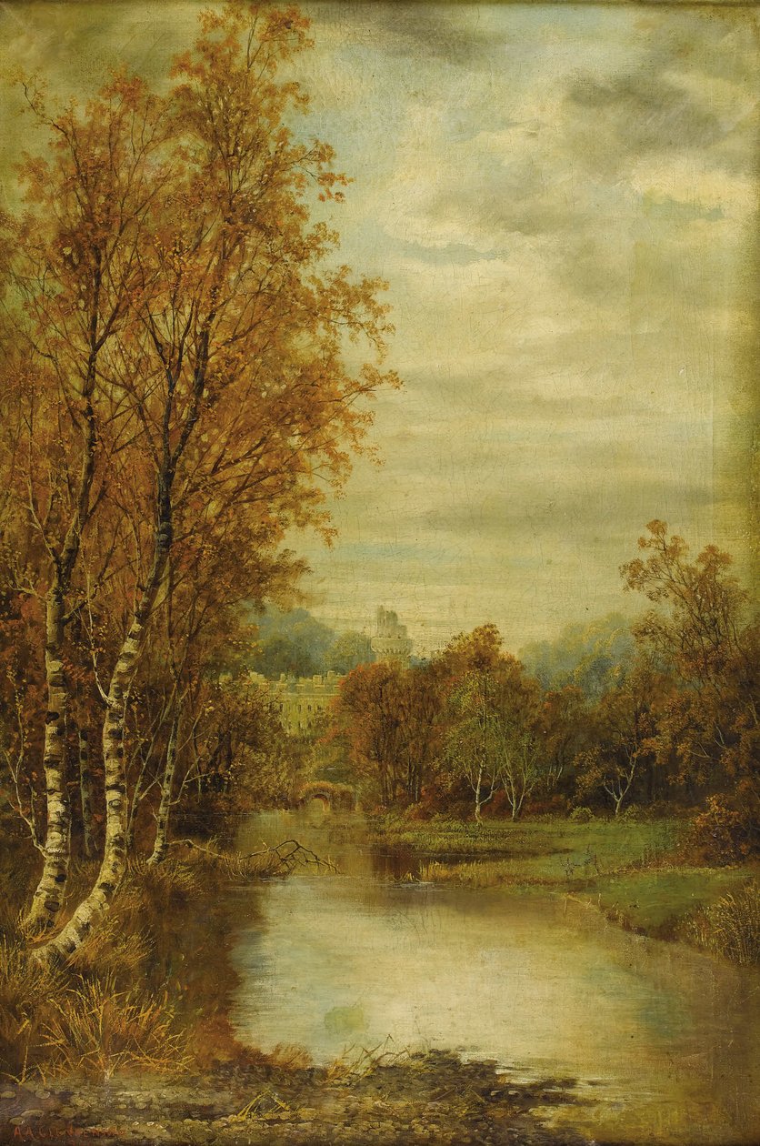 Paisaje de otoño con estanque y torre del castillo de Alfred Augustus Glendening