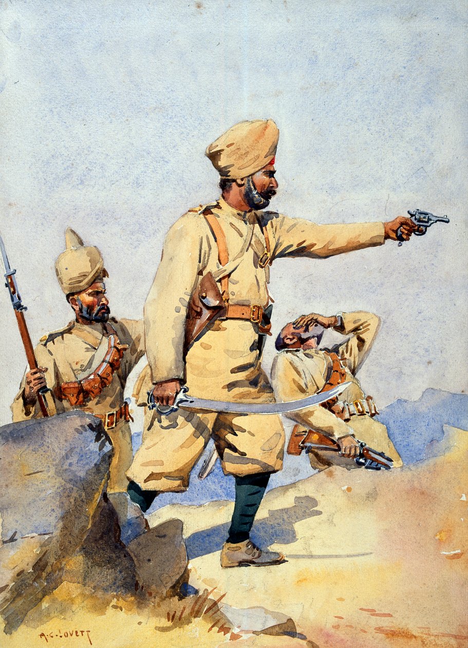 Soldados de los 24º Punjabis Malikdin Khel (Afridi) y Subadar, Jay Sikh, ilustración para 