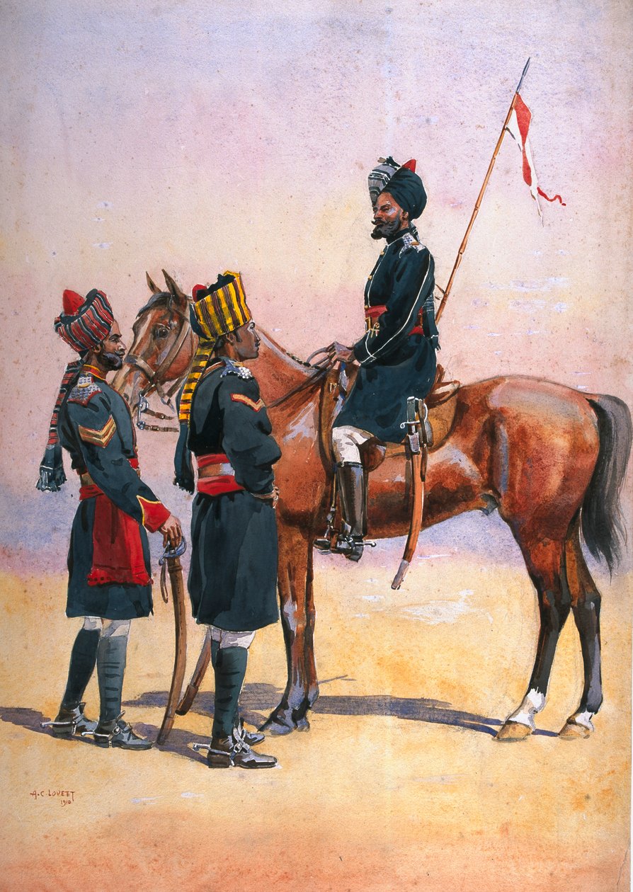 Soldados del 33º de Caballería Ligera de la Reina, Daffadar (Musalman Rajput) y el 34º de Caballería de Poona del Príncipe Alberto Víctor (Ratore Rajput) ilustración para 
