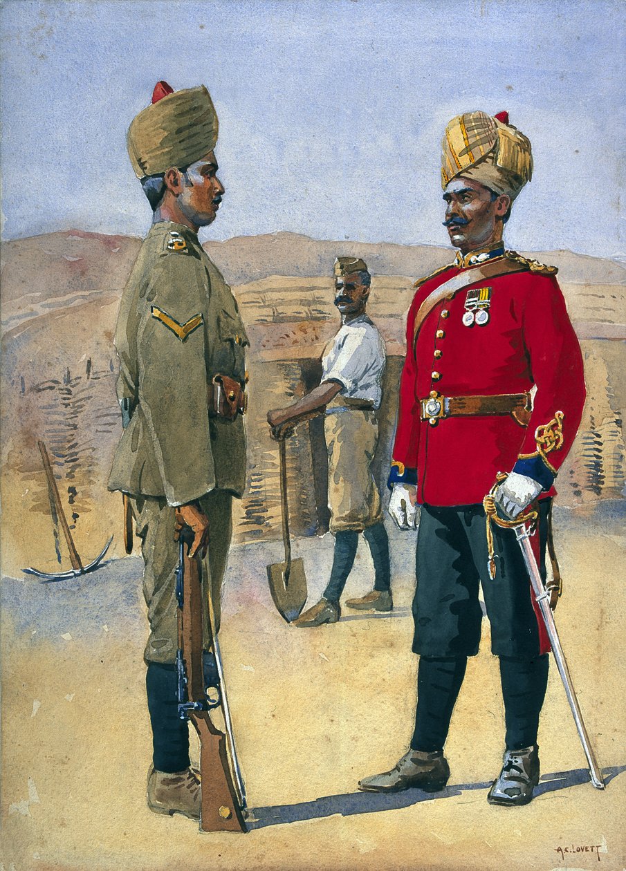 Soldados del 3er Zapadores y Mineros Lance, Naik, Brahman de Oudh. Jemadah, Dekhani Mahratti, ilustración para 