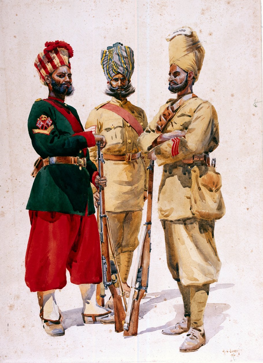 Soldados del 43º Regimiento Erinpura, la 44ª Infantería Merwara y la 108ª Infantería, ilustración para 
