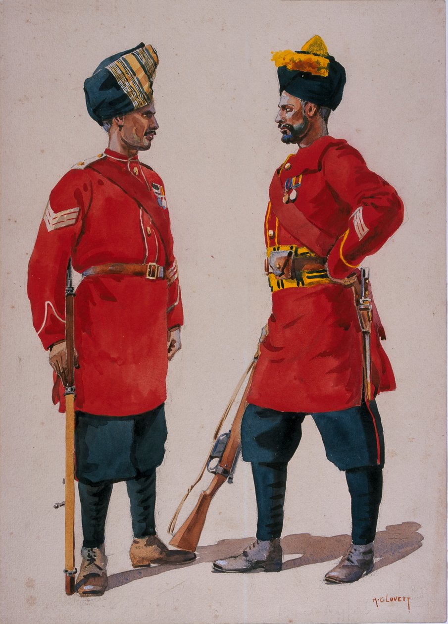 Soldados de la 5ª Infantería Ligera, Musalman Rajput y la 6ª Infantería Ligera Jat, Jat Havildars, ilustración para 