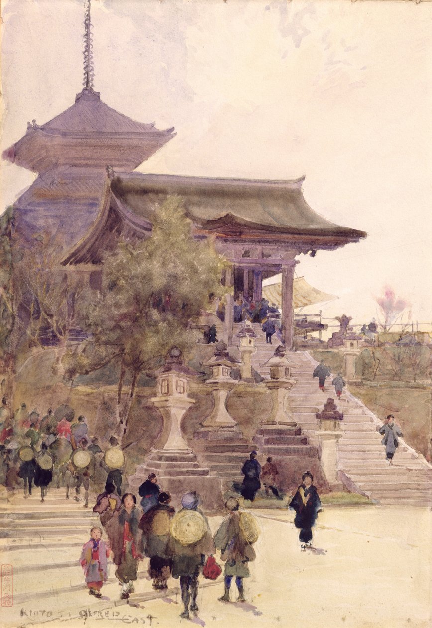 La entrada al Templo de Kiyomizu-Dera, Kioto, con peregrinos ascendiendo de Alfred East