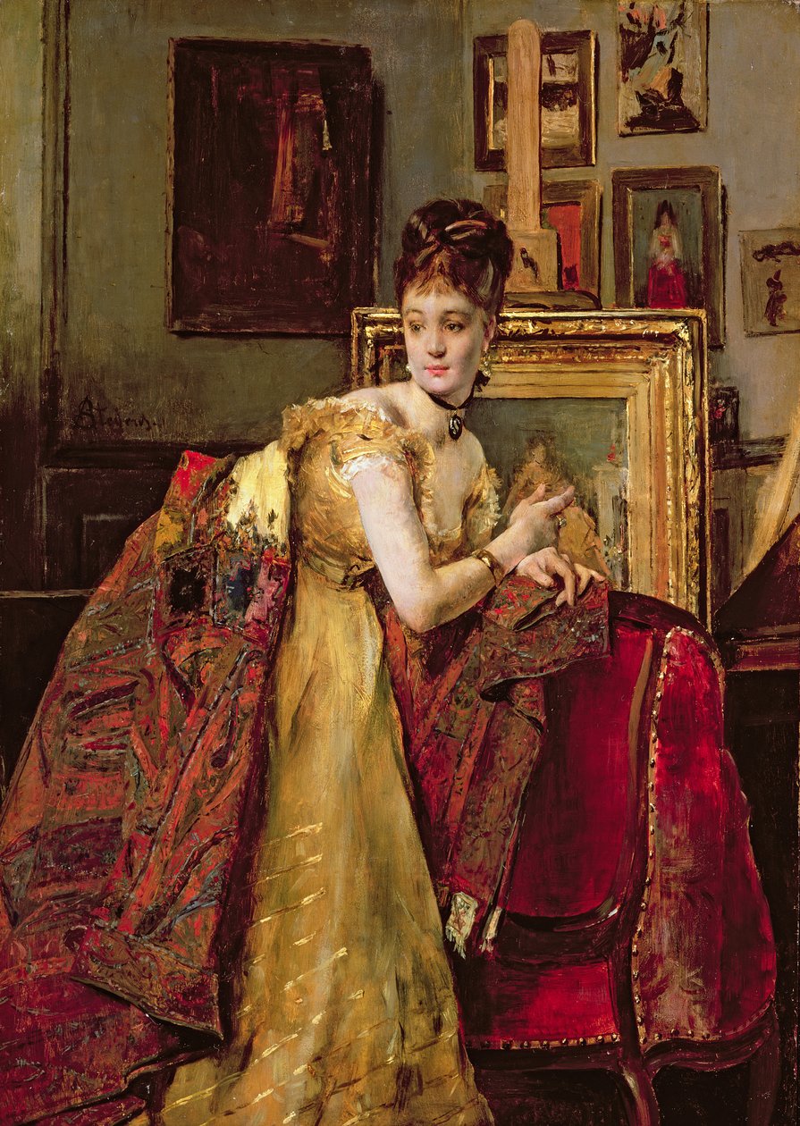 Mujer con un chal indio en un estudio de Alfred Emile Stevens