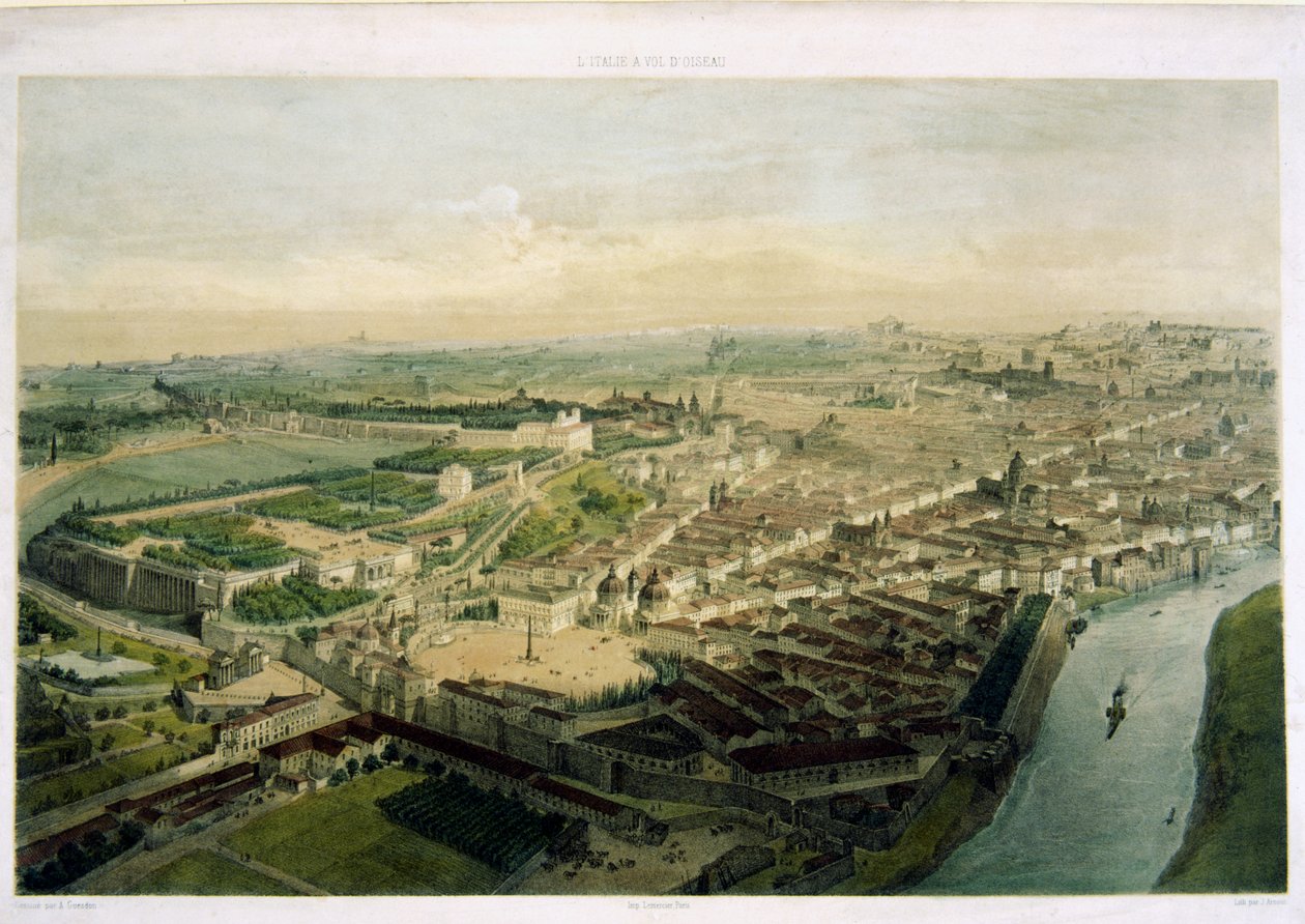 Vista de Roma sobre la Porta del Popolo, litografía de J. Arnout de Alfred Guesdon
