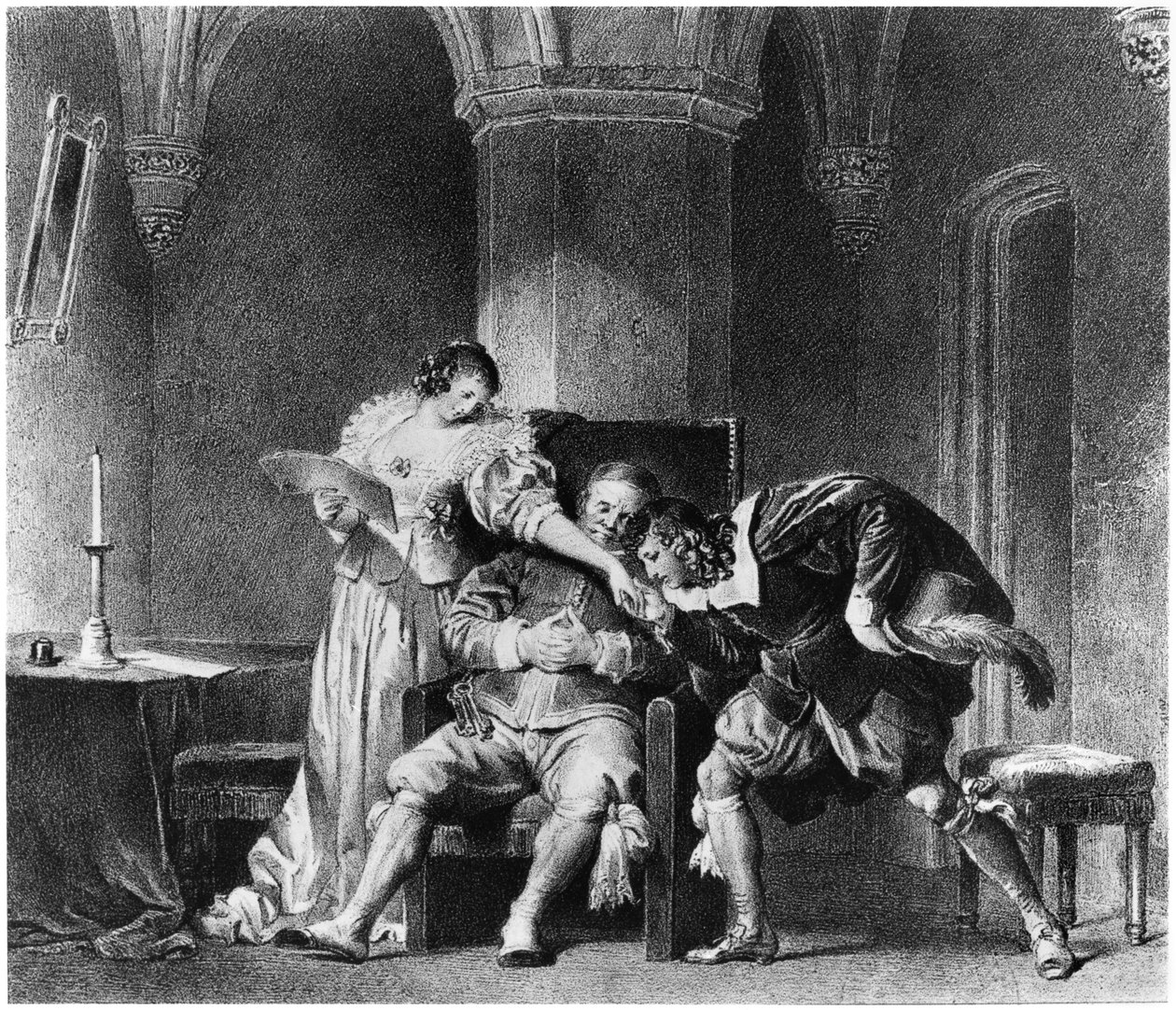 Rosine, Bartholo, Conde Almaviva, ilustración de 