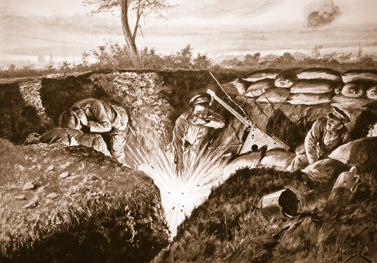 Una granada explotando que el Teniente Temporal Knox estaba a punto de recoger y lanzar fuera de la trinchera de Alfred Pearse