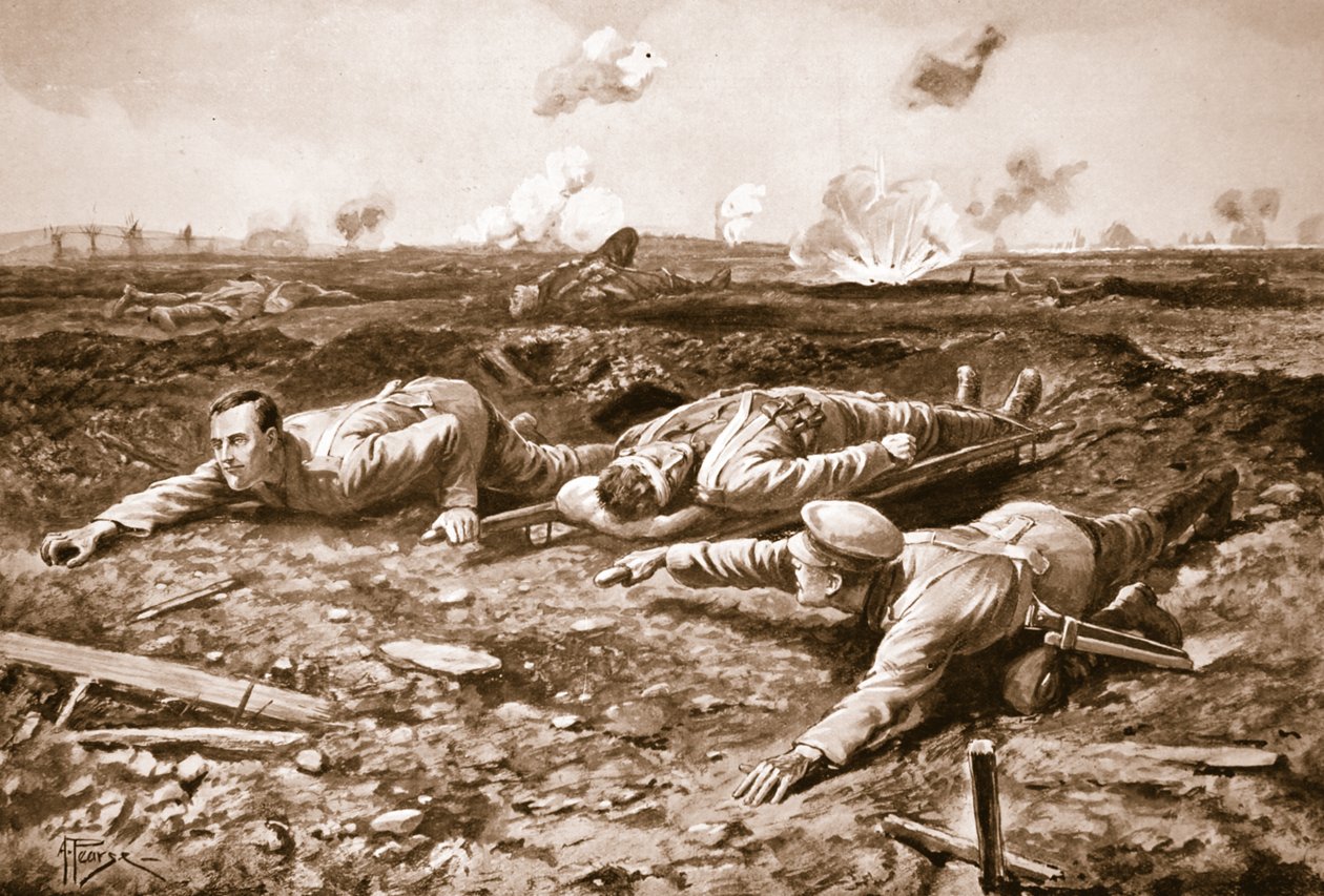 El cabo Brown y el cabo Dobson arrastrando a un hombre herido a través del campo abierto hacia las líneas británicas bajo fuego de Alfred Pearse