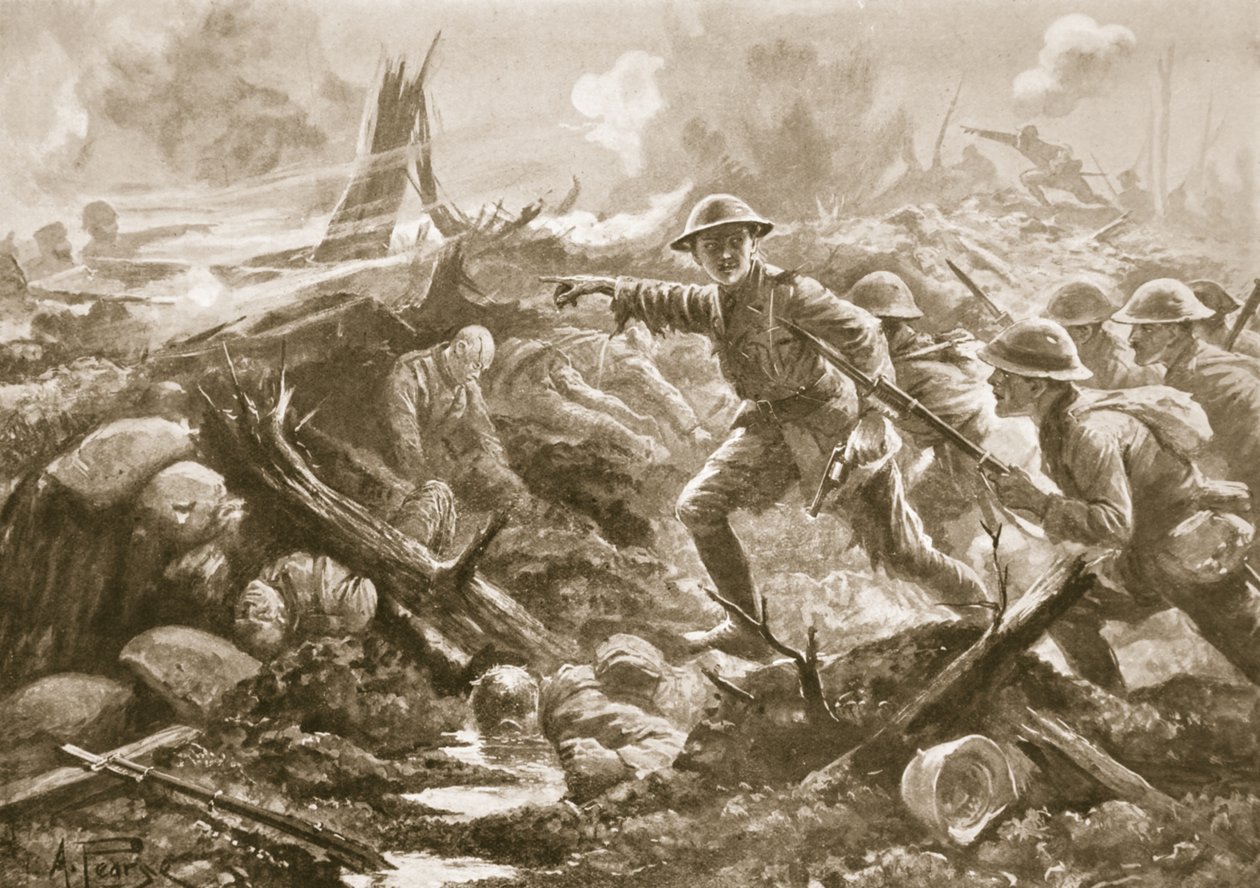 El Teniente (Teniente Coronel Temporal) R.B. Bradford, MC, reúne a los hombres de otro batallón y los lidera hacia adelante con su propio batallón de Alfred Pearse