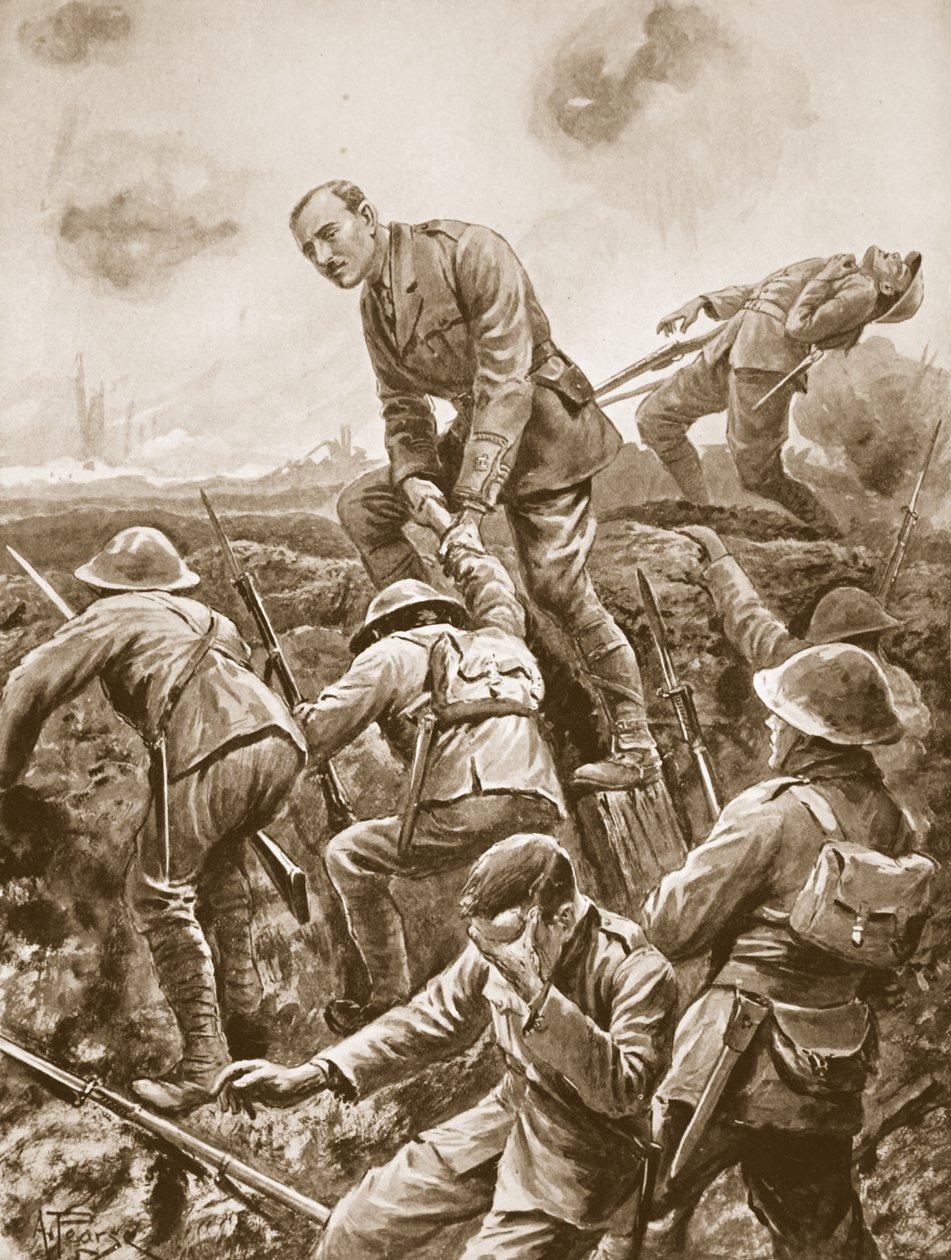 El Mayor Temporal S.W. Loudoun-Shand ayudando a los hombres a pasar el parapeto mientras está expuesto a un fuego de ametralladora muy feroz de Alfred Pearse