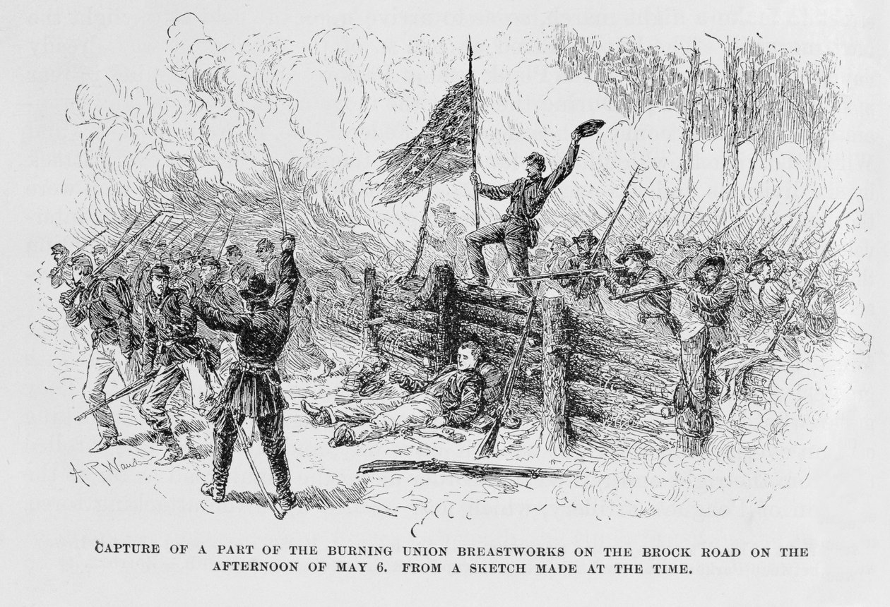 Captura de una parte de las trincheras en llamas de la unión en Brock Road en la tarde del 6 de mayo, ilustración de 