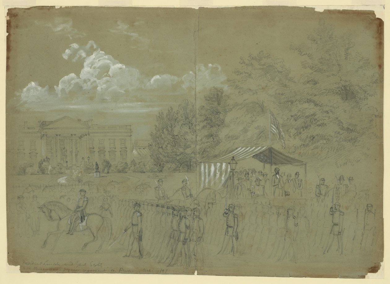 El presidente Lincoln y el general Scott revisando el regimiento de 3 años en Penn Ave. 1861 de Alfred Rudolph Waud