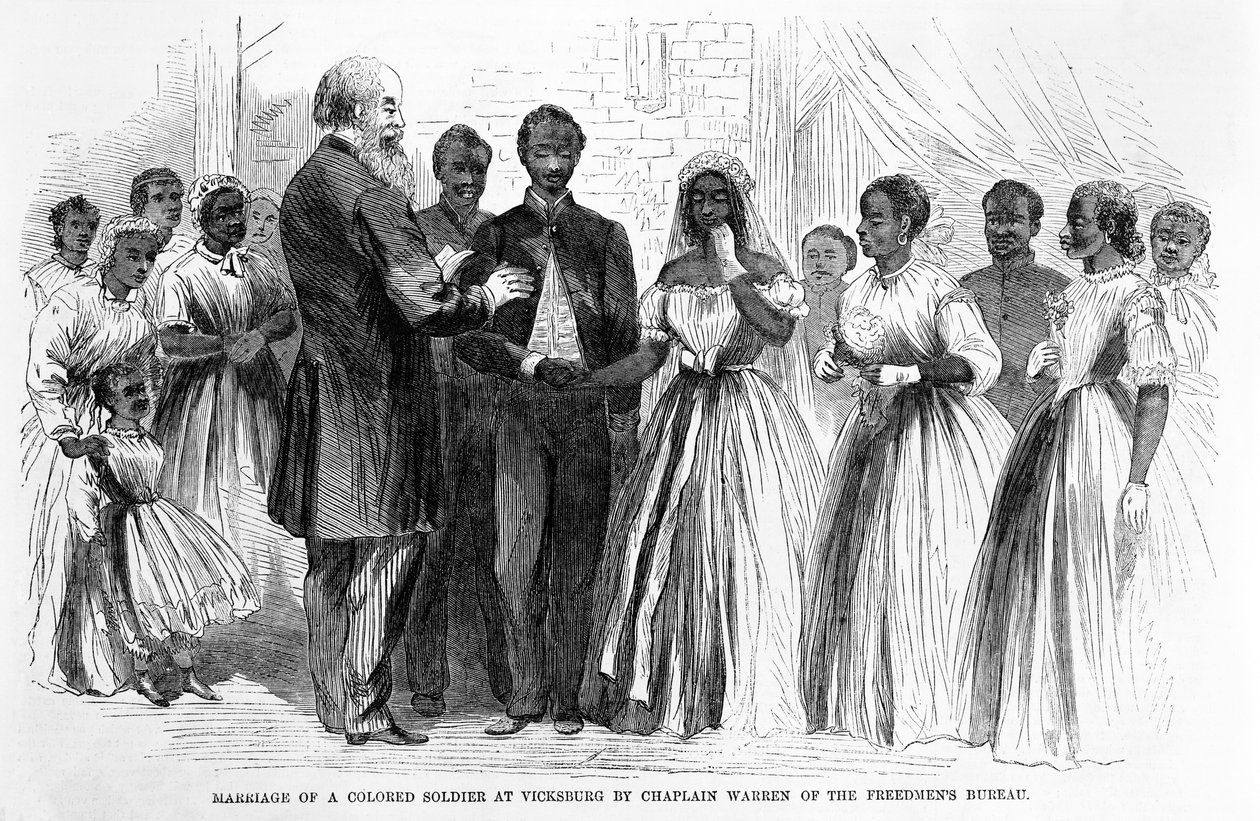 Matrimonio de un soldado de color en Vicksburg por el capellán Warren de la Oficina de Libertos, pub. 1866 de Alfred Rudolph Waud
