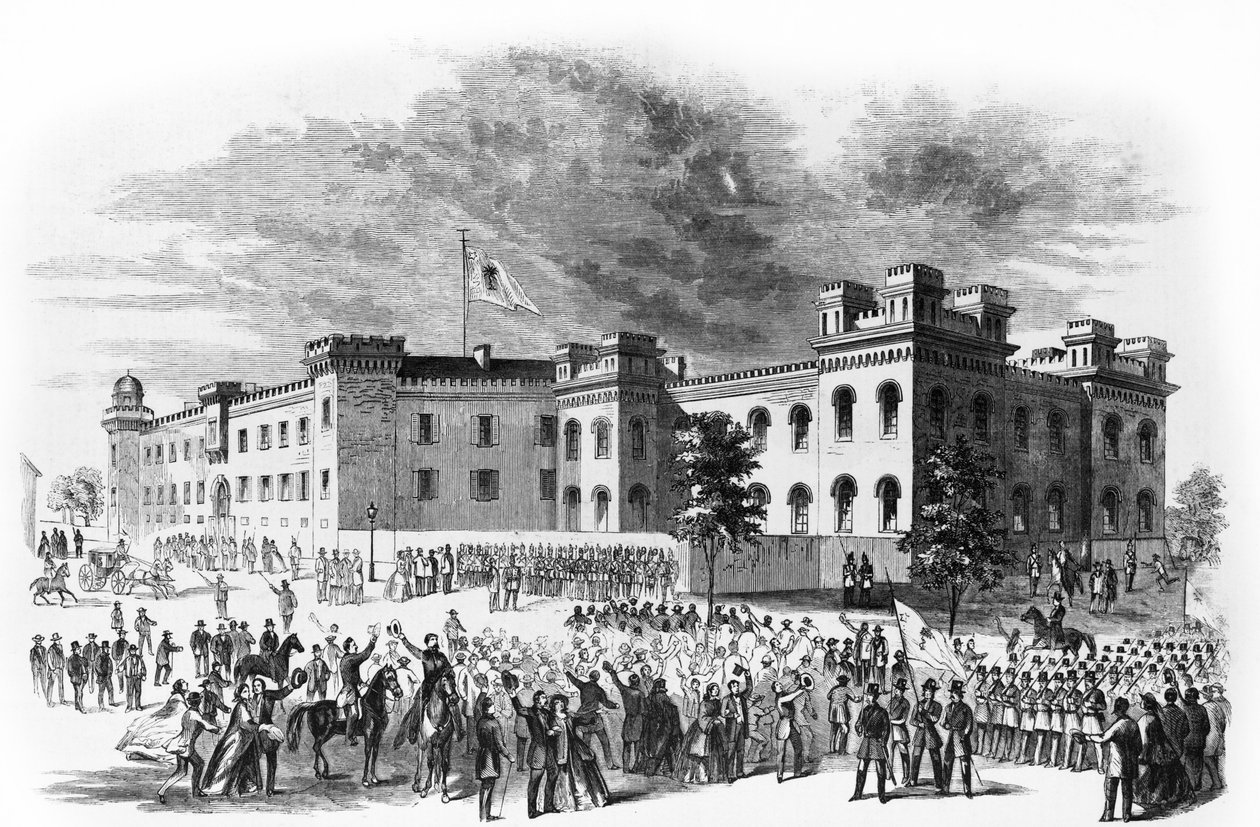 El Arsenal del Estado de Carolina del Sur en Charleston, Carolina del Sur, custodiado por destacamentos desfilando de la Infantería Ligera de Washington, 1860 de Alfred Rudolph Waud