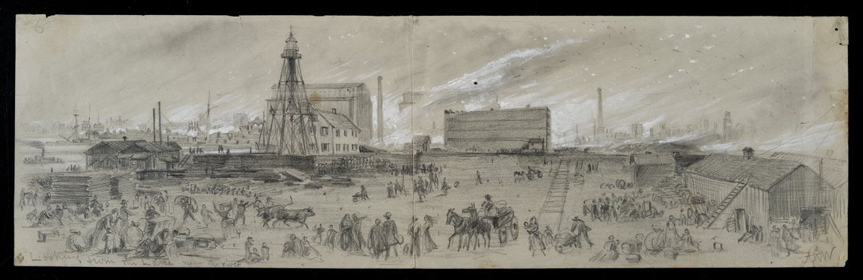 Vista desde el lago Michigan cerca del río Chicago durante el incendio de Chicago de 1871 de Alfred Rudolph Waud