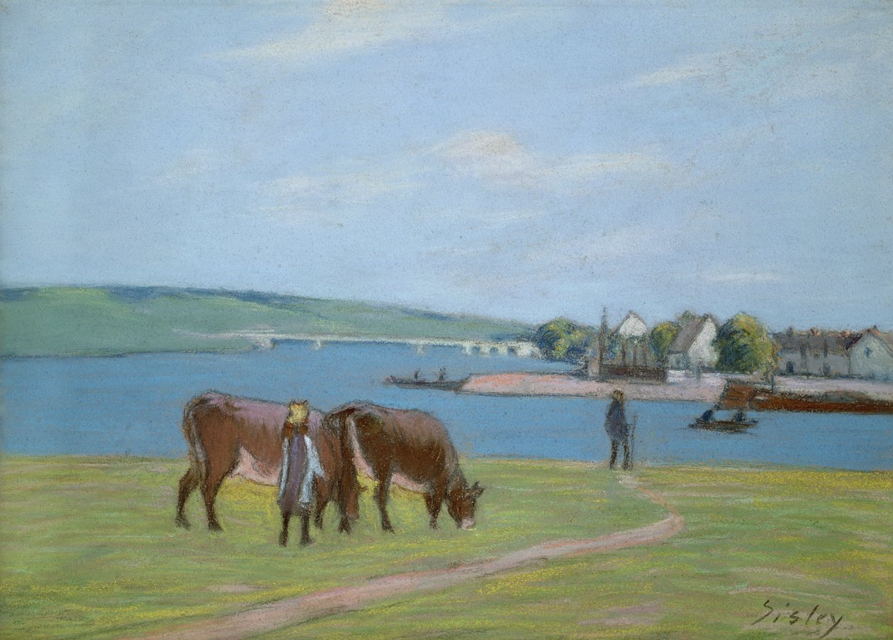 Vacas en las orillas del Sena en Saint-Mammes de Alfred Sisley
