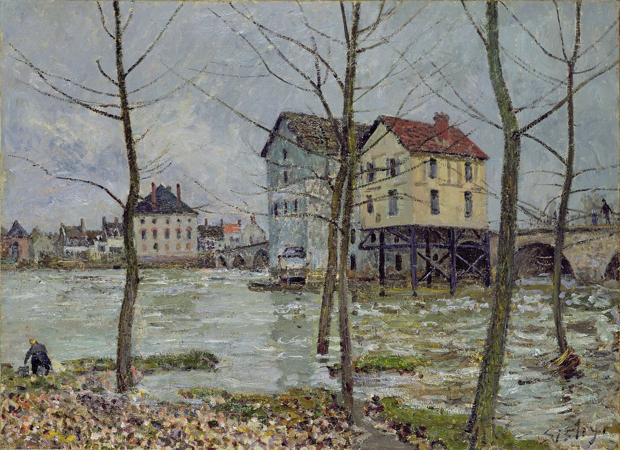 Los Molinos en Moret-sur-Loing, Invierno, 1890 de Alfred Sisley