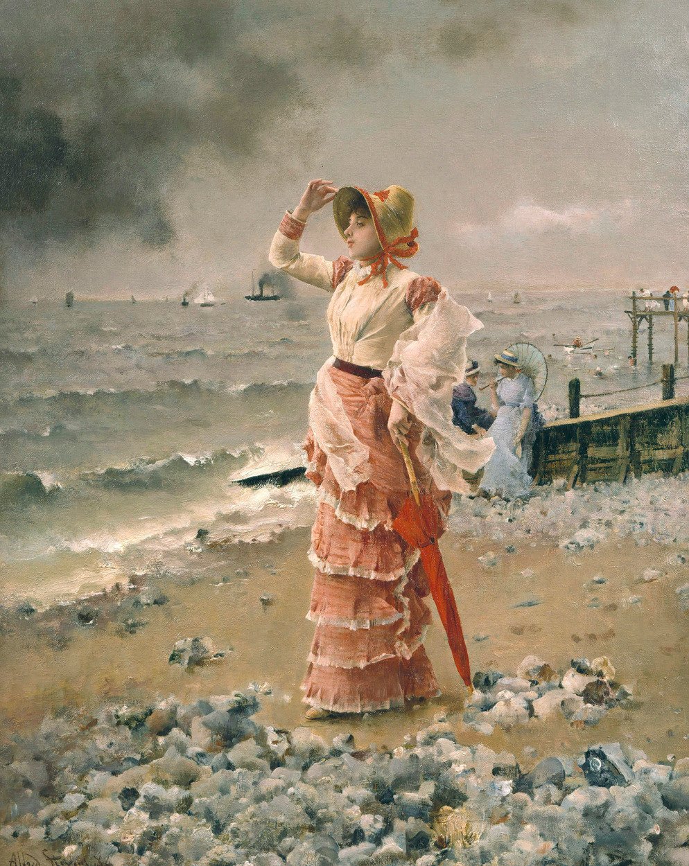 Mujer elegante viendo pasar un vapor de Alfred Emile Stevens
