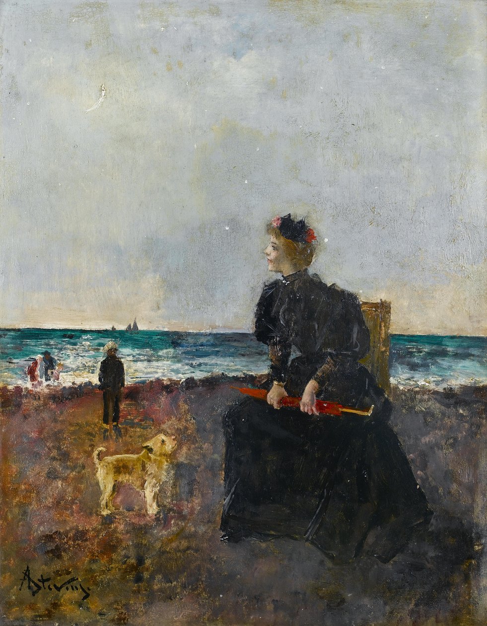 Mujer sentada en la playa de Alfred Emile Stevens