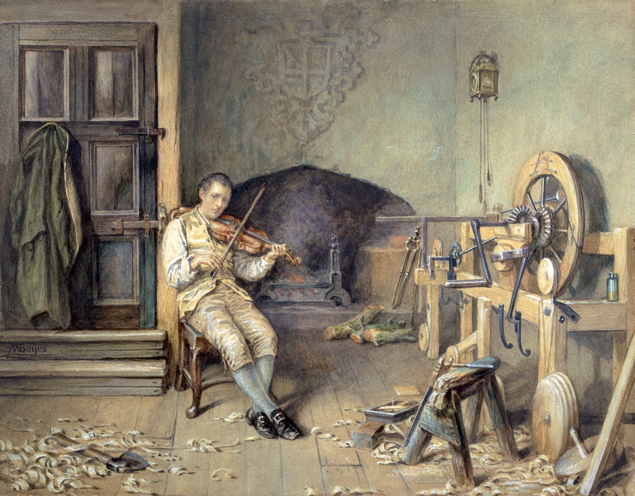 Samuel Crompton (1753-1827) inventando su mula de hilar, 1895 de Alfred Walter Bayes