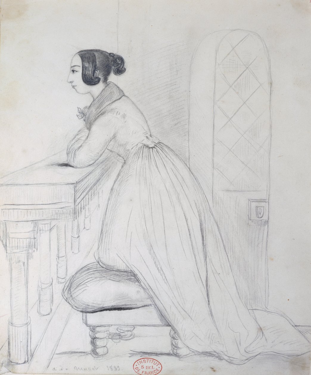 George Sand (1804-76) arrodillada en un puf y con los codos en una balaustrada, 1833 de Alfred de Musset