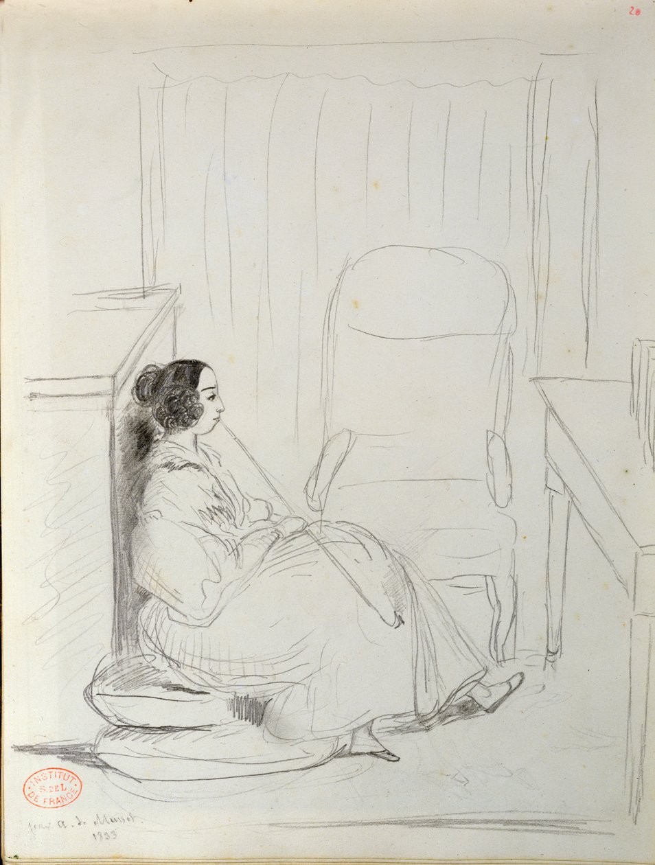 George Sand (1804-76) sentada y fumando una pipa, 1833 de Alfred de Musset