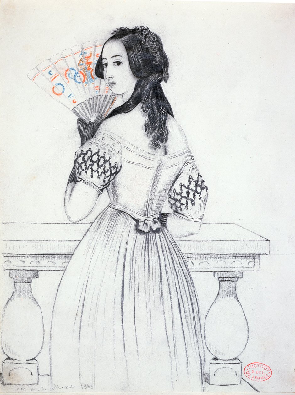 George Sand (1804-76) con un abanico, 1833 de Alfred de Musset