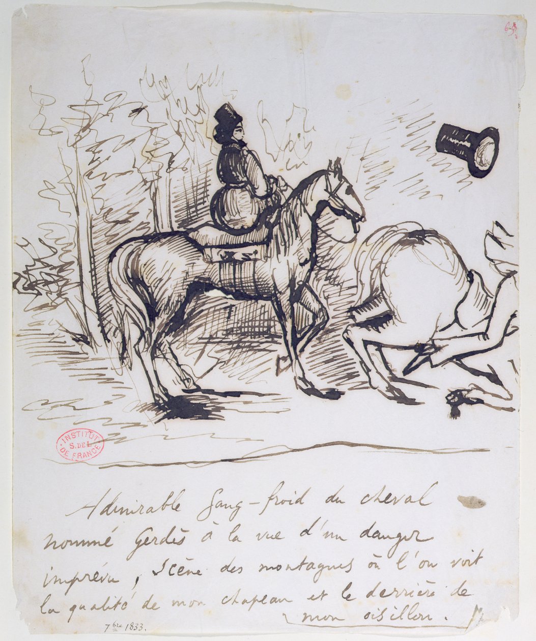 El caballo de George Sand mostrando sangre fría detrás del caballo tambaleante de Alfred de Musset de Alfred de Musset